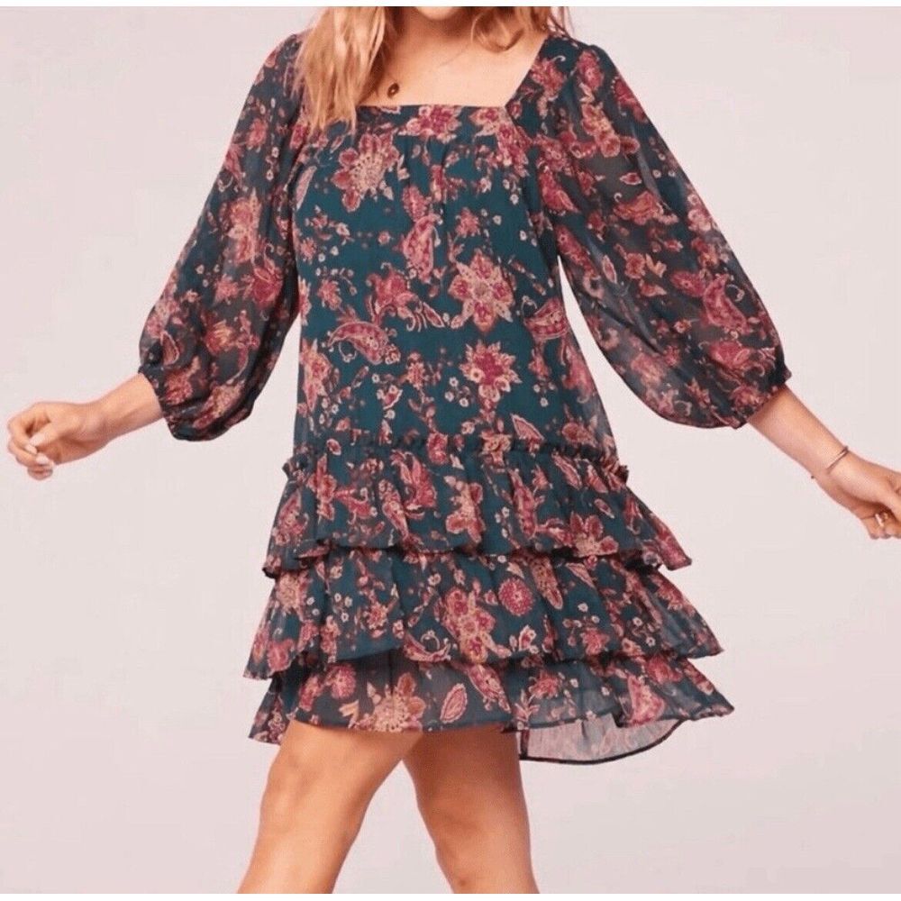 Band Of The Free Mandy Floral Pine Berry Sheer Sleeve Babydoll Dress Ruffle Med‎